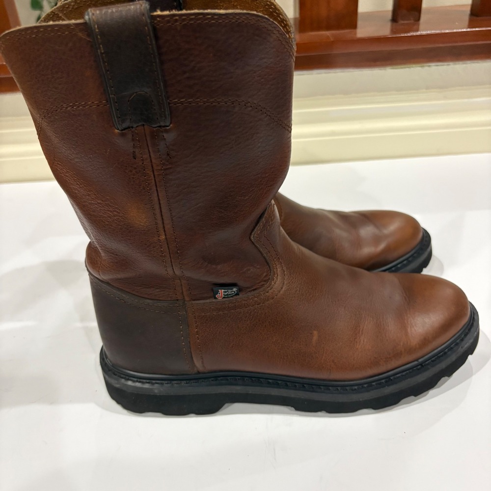 Justin Mens WK4905 Brown Leather Pull On Western Work Boots Size 8.5M